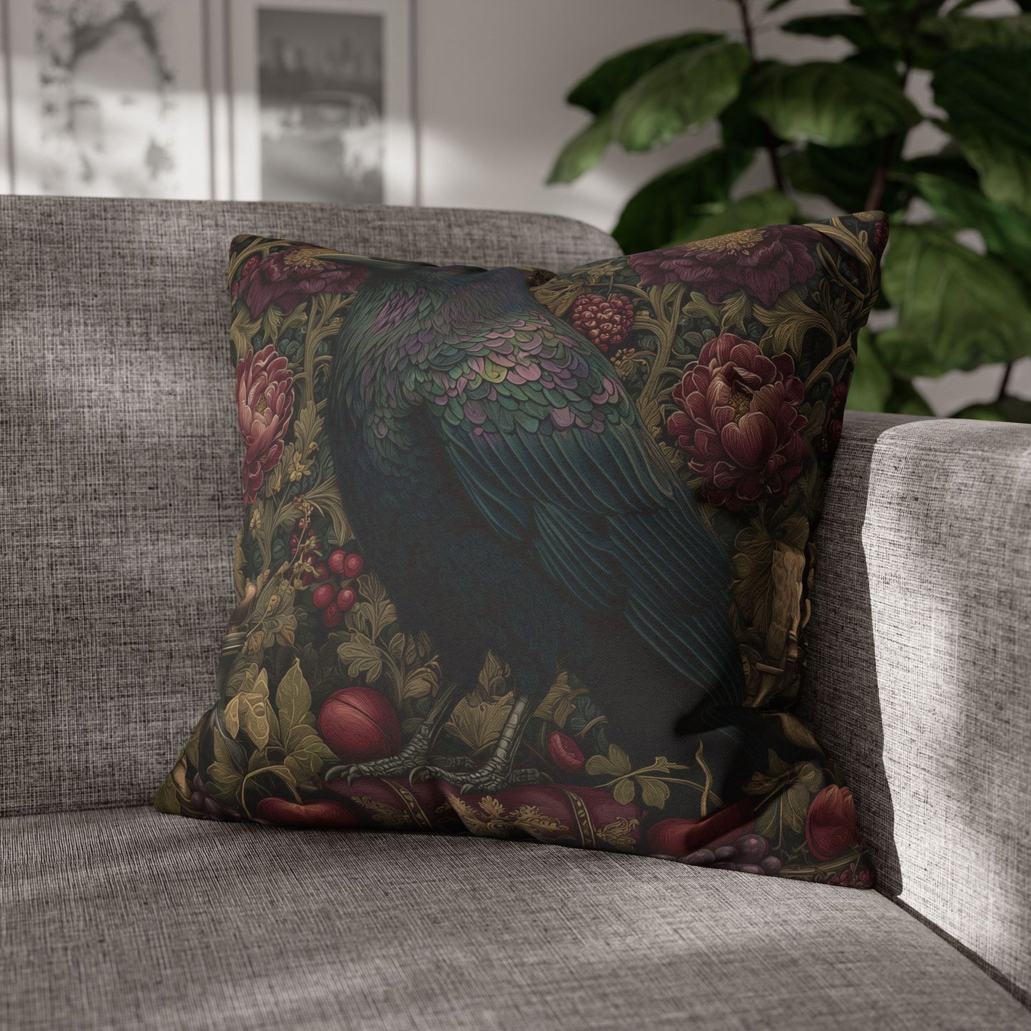 Gothic Raven & Peony Candle Pillowcase, Dark Academia Bird Cushion with Fruit and Floral Design, Halloween Home Decor