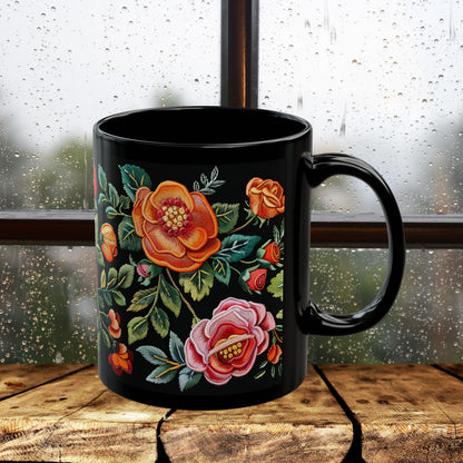 Vintage Roses Pattern Embroidery Black Mug 11oz/15oz
