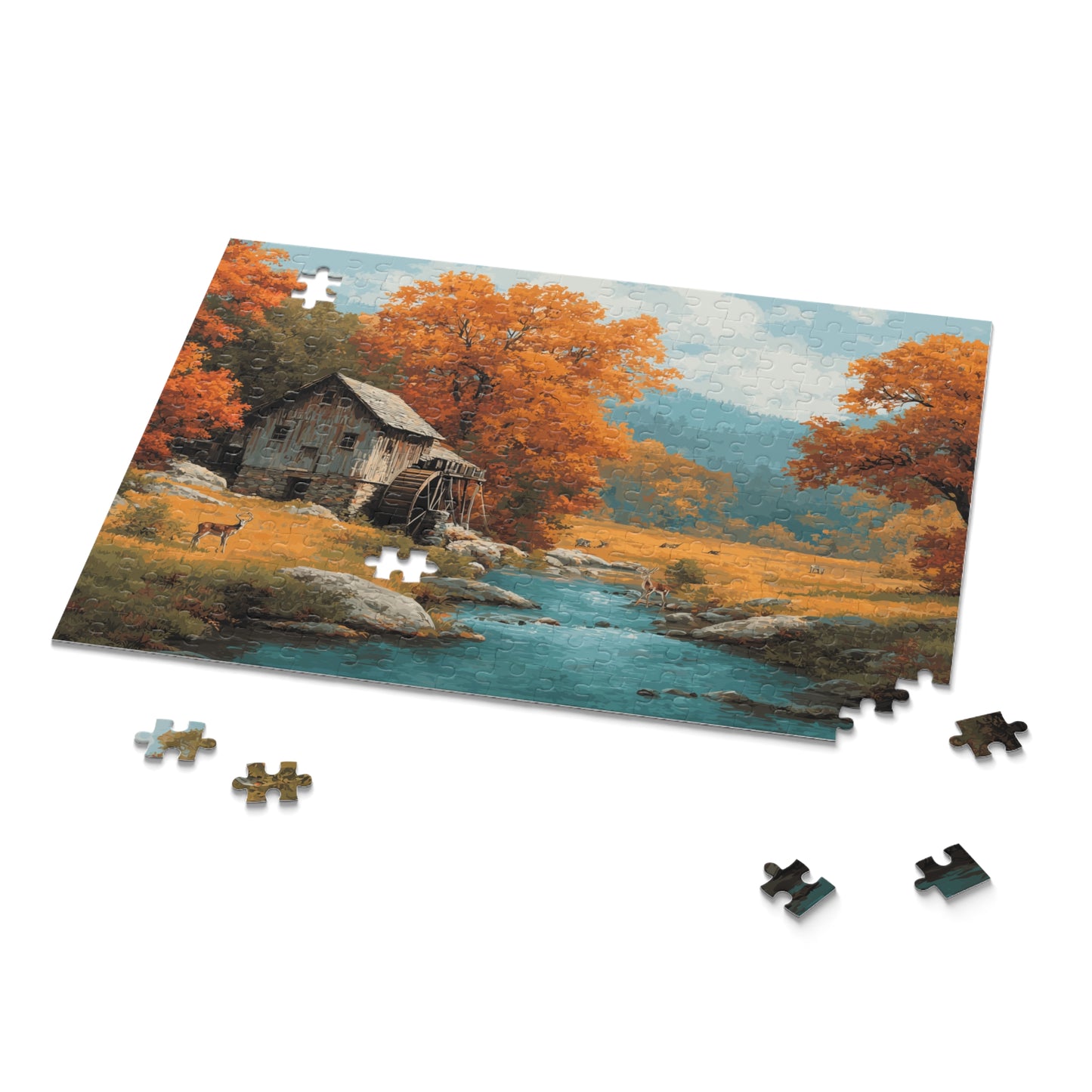 Nature Scene Puzzle, Autumn Cabin Artwork, Family Game Night, Cozy Home Decor, Gift for Nature Lovers, (120, 252, 500, 1000-Piece)
