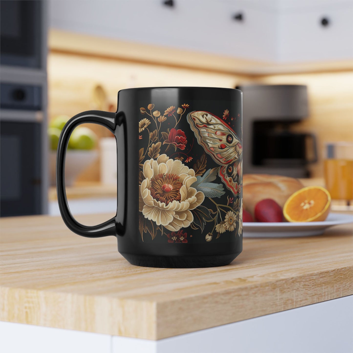 William Morris Inspired Moth Peony Embroidery Black Mug (11oz, 15oz)