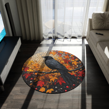 Mystical Raven Autumn Art Mosaic Round Area Rug | Elegant Fall-Inspired Living Room Home Decor Rug