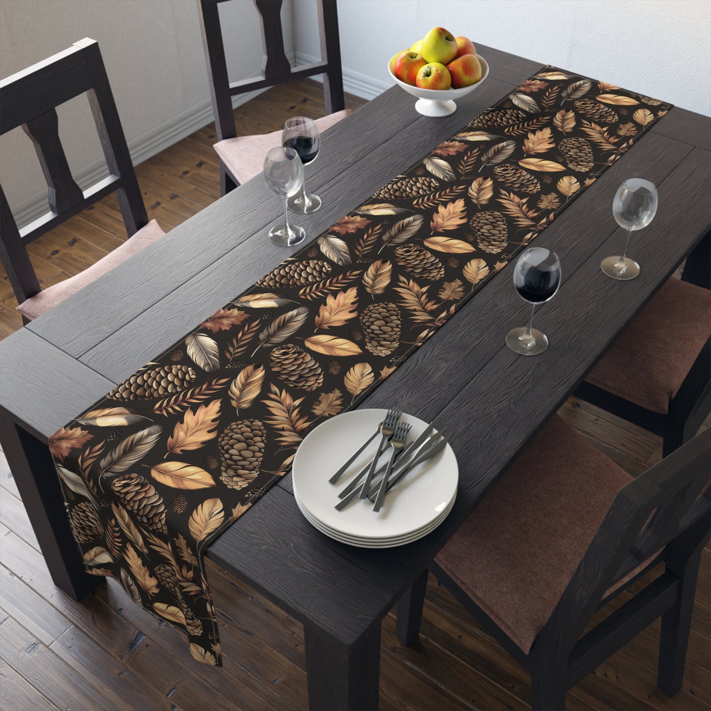 Thanksgiving Fall Leaves, Pine Cone And Feathers Decor Table Runner, Thanksgiving Table Decor, Fall Table Runners, Autumn Home Decor