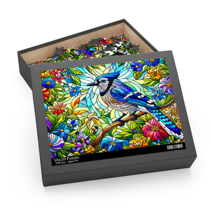 Stained glass Blue Jay Bird Spring Flower Jigsaw Puzzle Box (120, 252, 500-Piece) Adult Jigsaw Puzzle, Gift Him Her