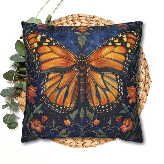 Monarch Butterfly Pillow Cover: Navy Floral Botanical Accent, Cottagecore Home Decor