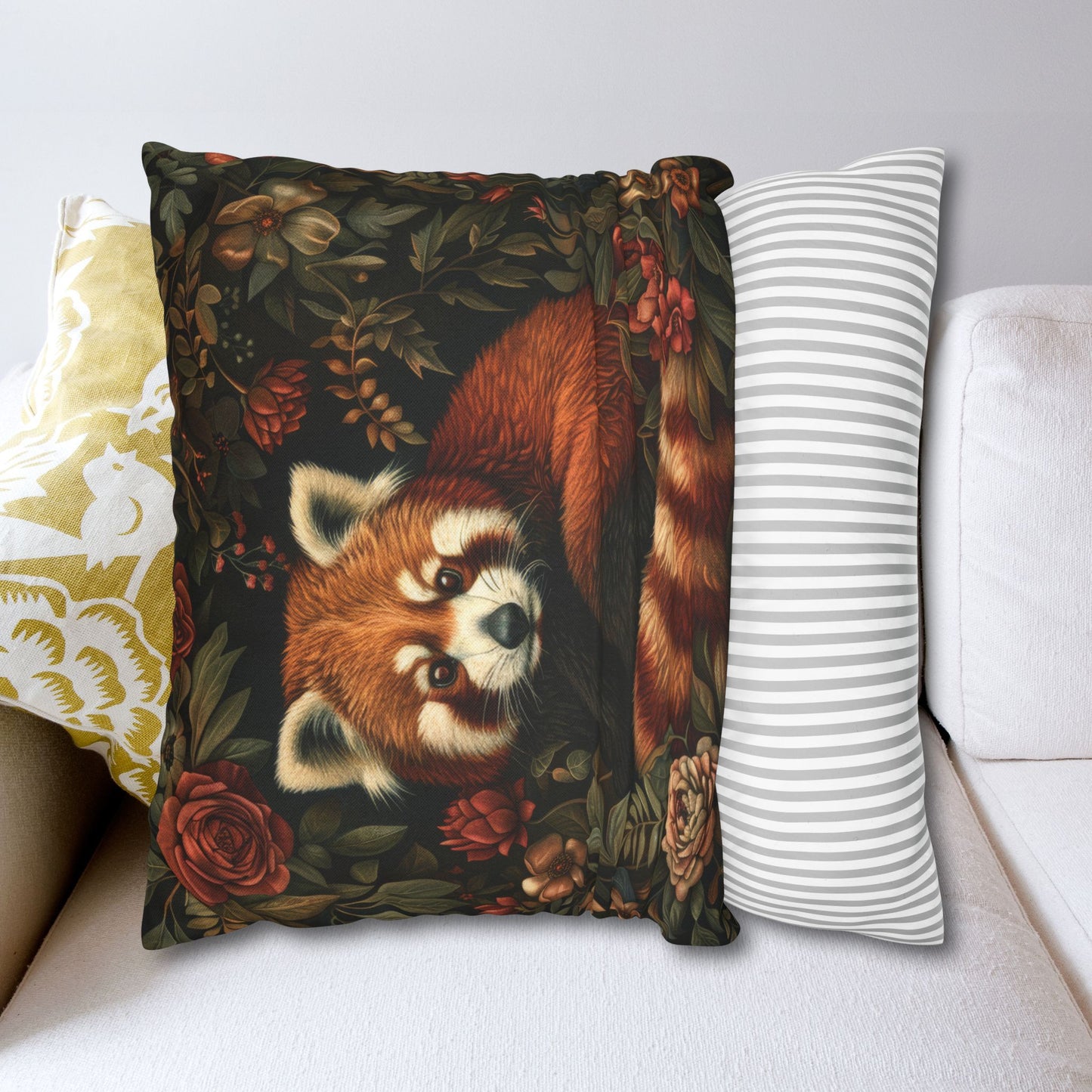 Botanical Red Panda Pillowcase: Morris Inspired Cottagecore Decor