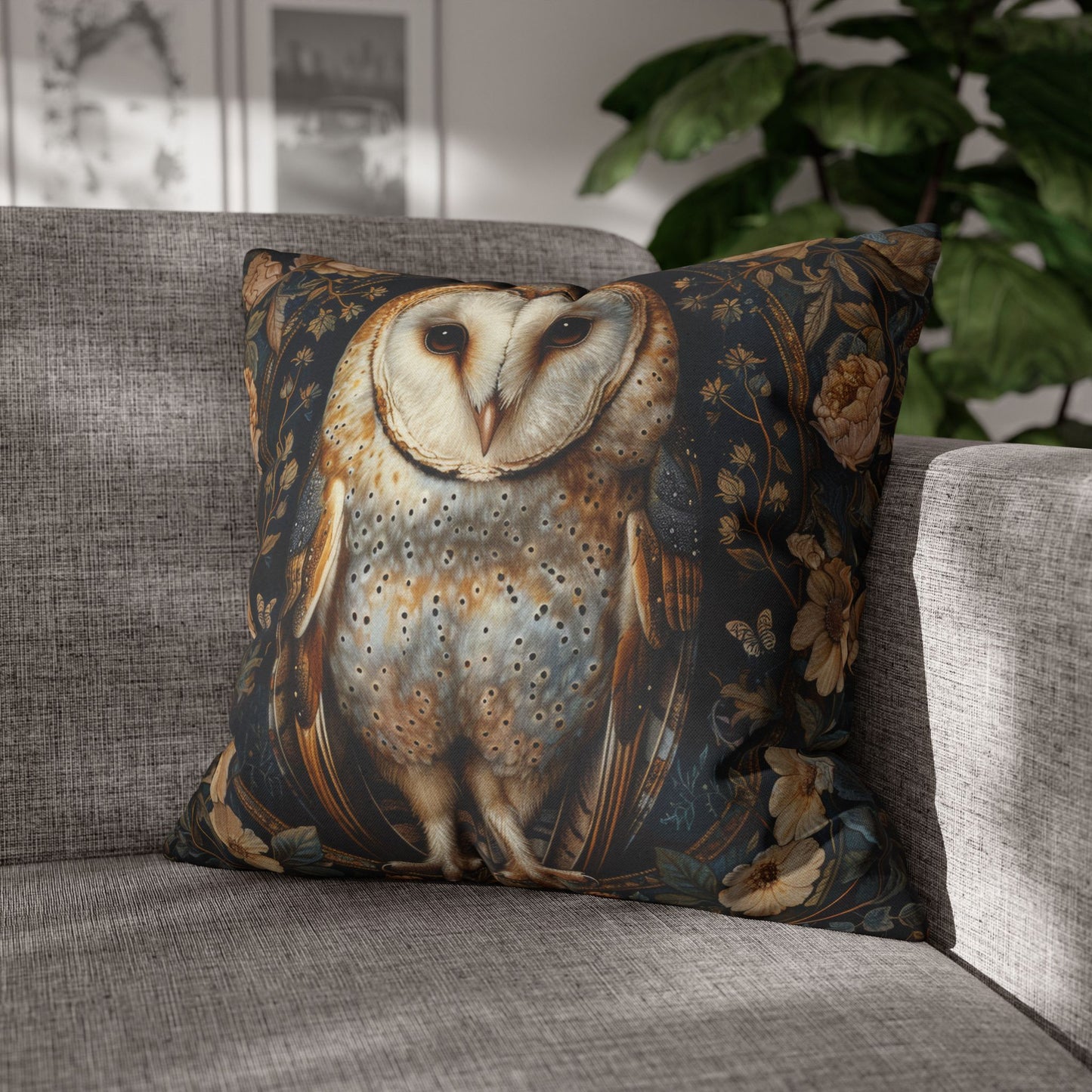 William Morris Inspired, Forest Floral Art, Decorative Barn Owl Cushion,  Spun Polyester Square Pillowcase