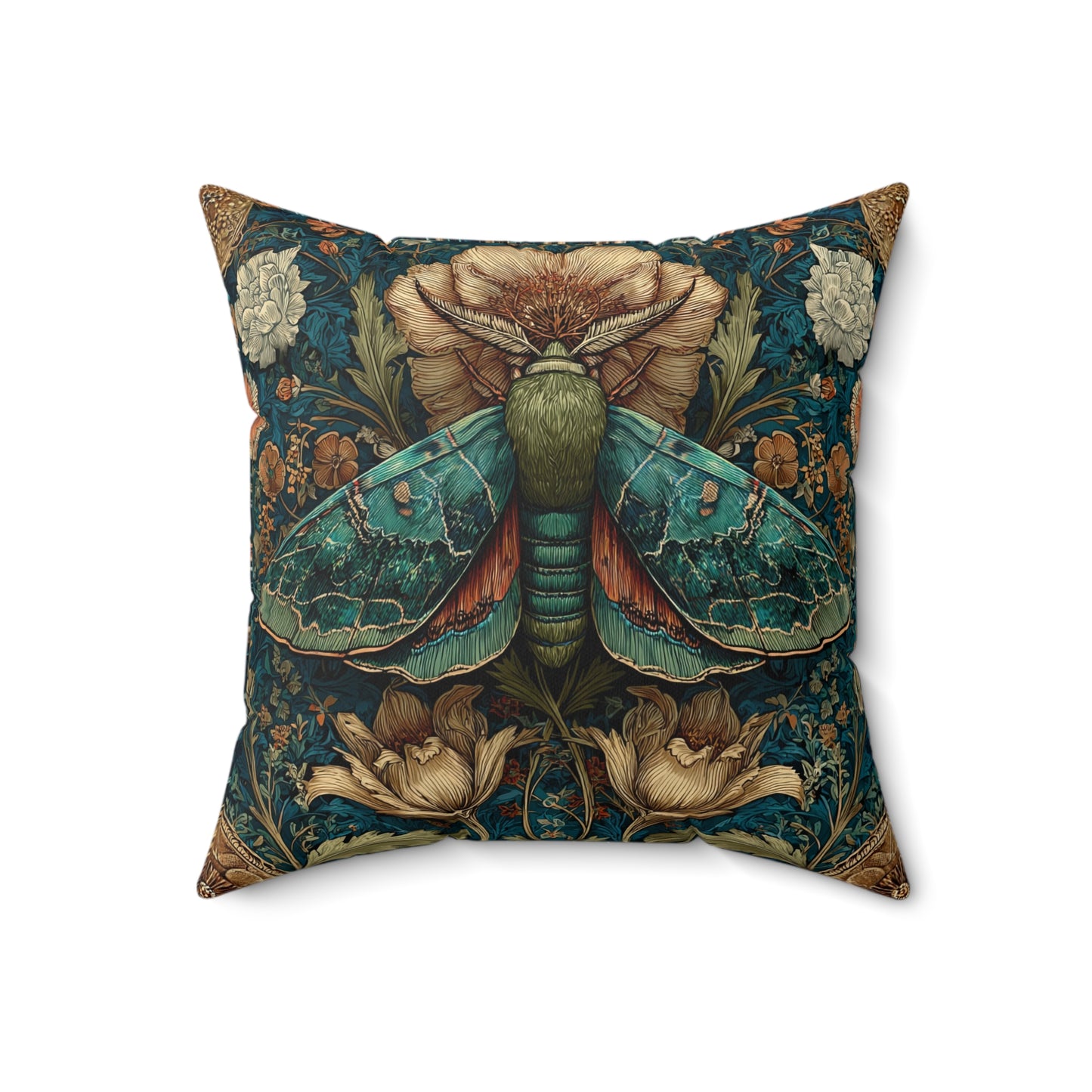 William Morris Inspired Moth Pillow, Teal Botanical Art Nouveau Cushion, Vintage Floral Nature Square Pillow