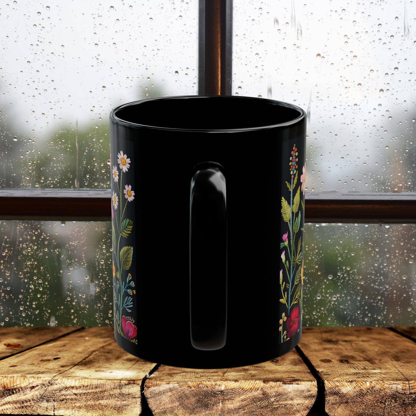 Embroidery Beautiful Wildflowers Black Coffee Mug, Wildflowers Kitchenware Black Mug 11oz, 15oz ,
