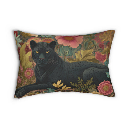 Black Panther Lumbar Pillow, Jungle Floral Cushion, Exotic Wildlife Decorative Accent