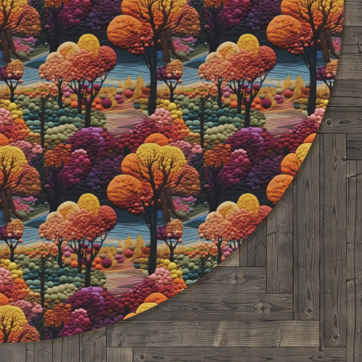 Fall Autumn Embroidery Seamless Pattern Round Area Rug,  Housewarming Gift