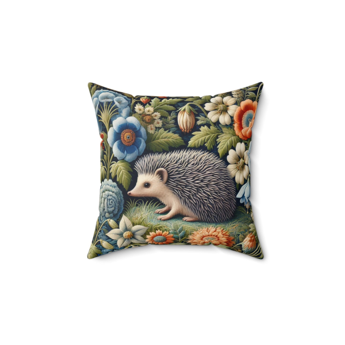 Hedgehog Square Pillow, William Morris Inspired Decorative Cushion, Botanical Home Decor Accent