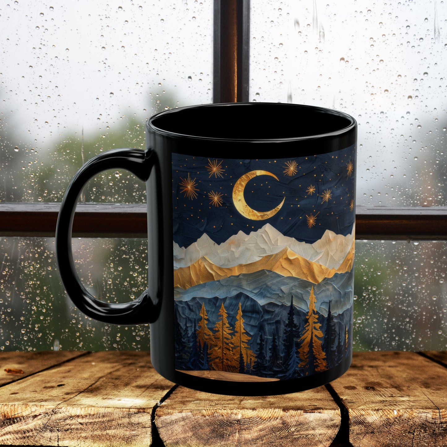 Mountain &amp; Pine Trees Black Coffee Mug, Carved Wood Style Landscape, Starry Night Moonlit Forest Cup, Nature Lover Gift (11oz/15oz)