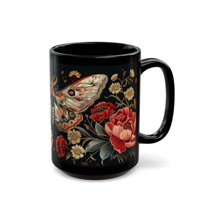 William Morris Inspired Moth Peony Embroidery Black Mug (11oz, 15oz)