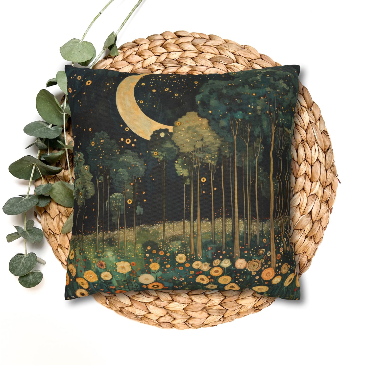 Moonlit Forest Decorative Pillowcase, Gustav Klimt Inspired Night Sky Botanical Cushion