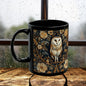 William Morris Inspired Botanical Barn Owl Black Coffee Mug | Mystical Owl Black Mug 11oz, 15 oz