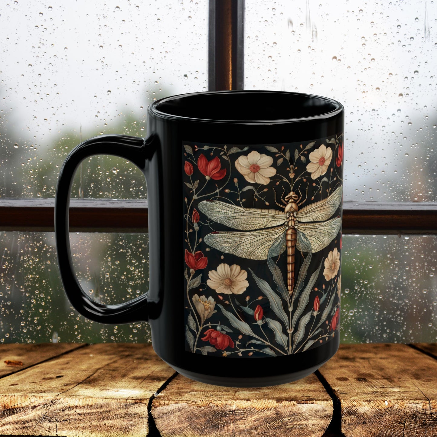 William Morris Inspired Botanical Dragonfly Black Mug 11oz, 15 oz