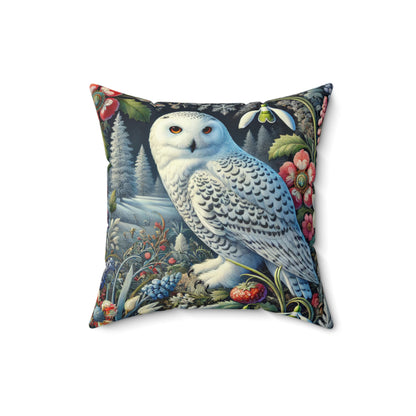 William Morris Inspired Woodland Snowy Owl Winter flowers Decorative Pillow
