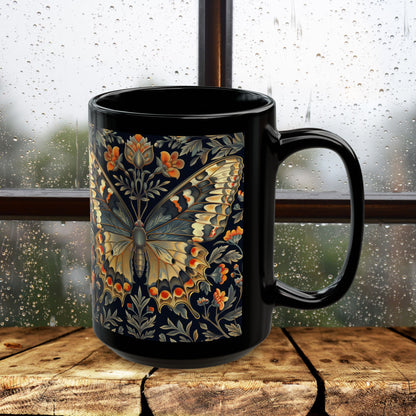 William Morris Butterfly Coffee Mug, Botanical Woodland Black Ceramic Cup, Vintage Insect Lover Gif