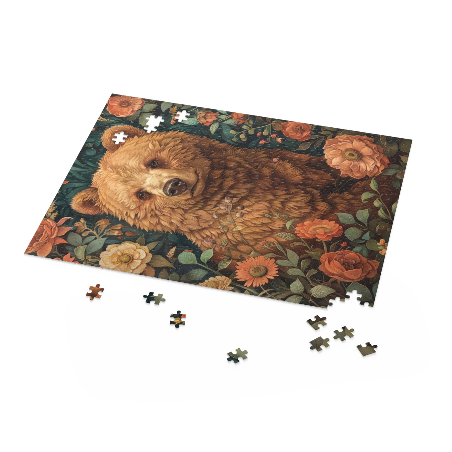 William Morris Inspired Brown Bear Wildflowers Puzzle Box (120, 252, 500-Piece) Family Jigsaw Puzzle, Puzzle Box Gift