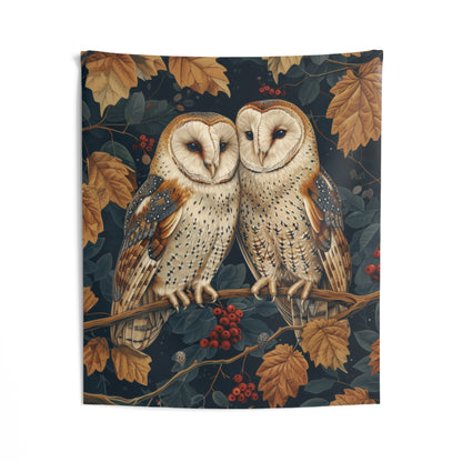 Tapestry of Couple Barn Owl | William Morris Medieval Style Wall Art | Cottagecore Hanging and Home Decor