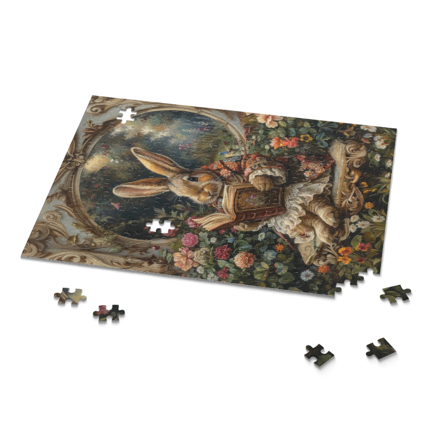 William Morris inspired Rococo Bunny With Vintage Book Jigsaw Puzzle Box (120, 252, 500-Piece) Family Jigsaw Puzzle, Puzzle Box Gift