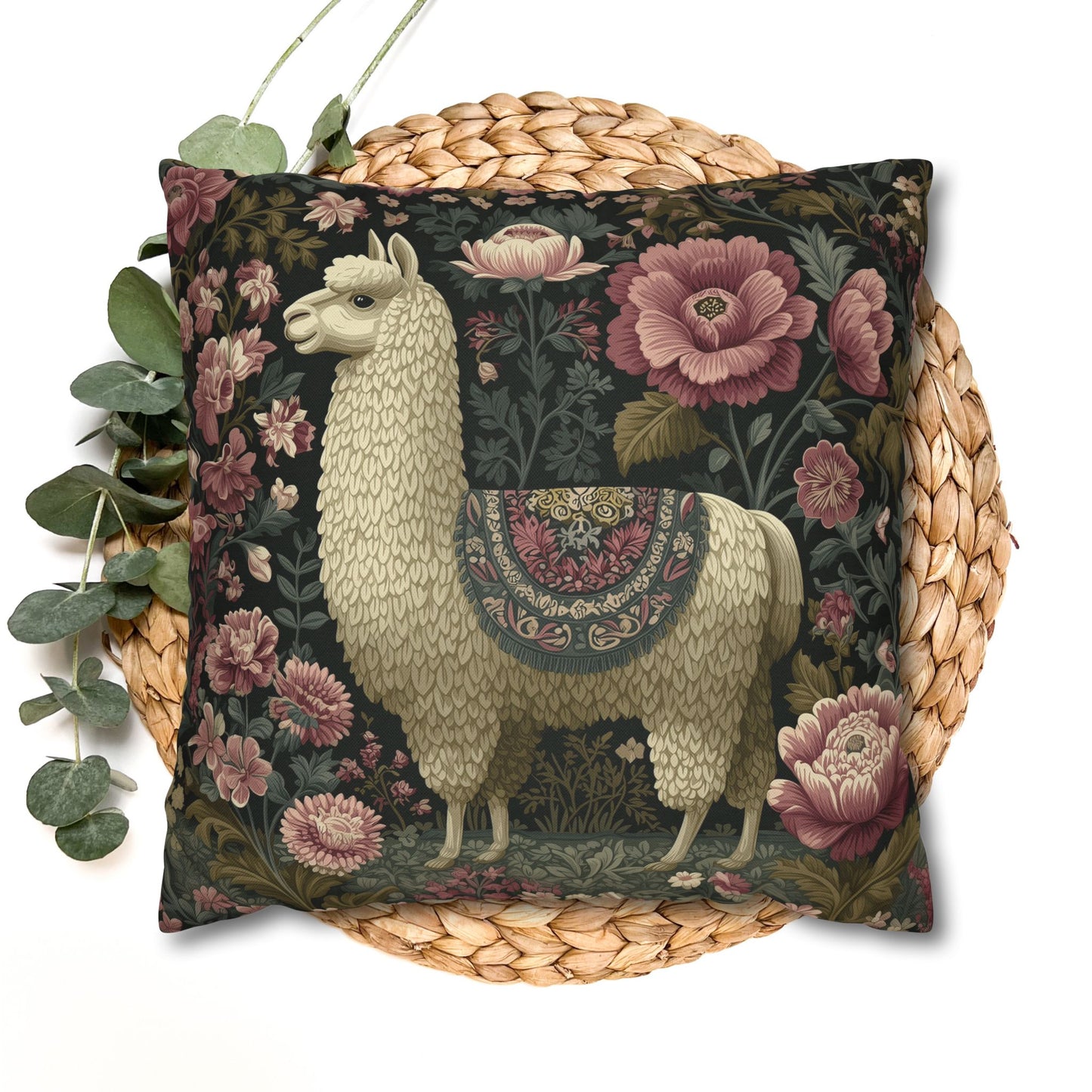 Llama Floral Pillowcase, William Morris Style Animal Cushion with Vintage Botanical Design