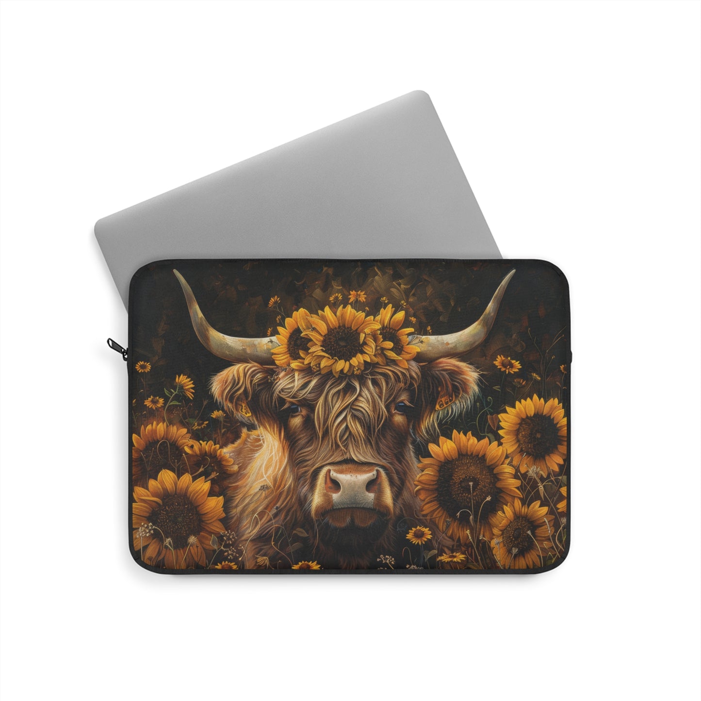 Highland Cow Laptop Sleeve, Sunflower Floral Farmhouse Art Case, Rustic Country Animal Laptop Cover (12”, 13”, 15”)
