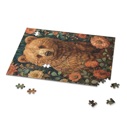 William Morris Inspired Brown Bear Wildflowers Puzzle Box (120, 252, 500-Piece) Family Jigsaw Puzzle, Puzzle Box Gift