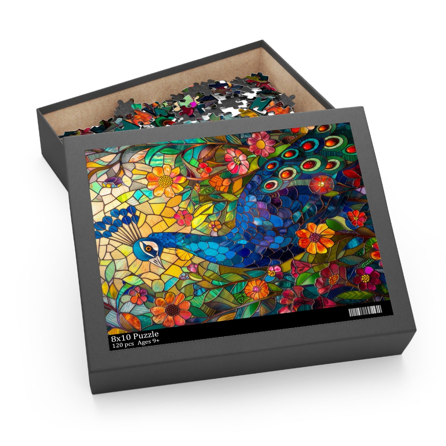 Stained Glass Peacock Wildflowers Puzzle Box (120, 252, 500-Piece) Family Jigsaw Puzzle, Puzzle Box Gift