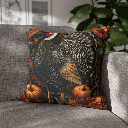 Thanksgiving Turkey Pillowcase, Autumn Harvest Cushion with Pumpkins & Flowers, Rustic Fall Farmhouse Decor