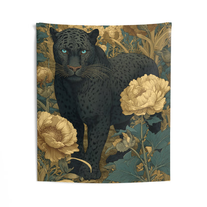 Midnight Panther Floral Tapestry, Blue & Gold Botanical Wall Hanging