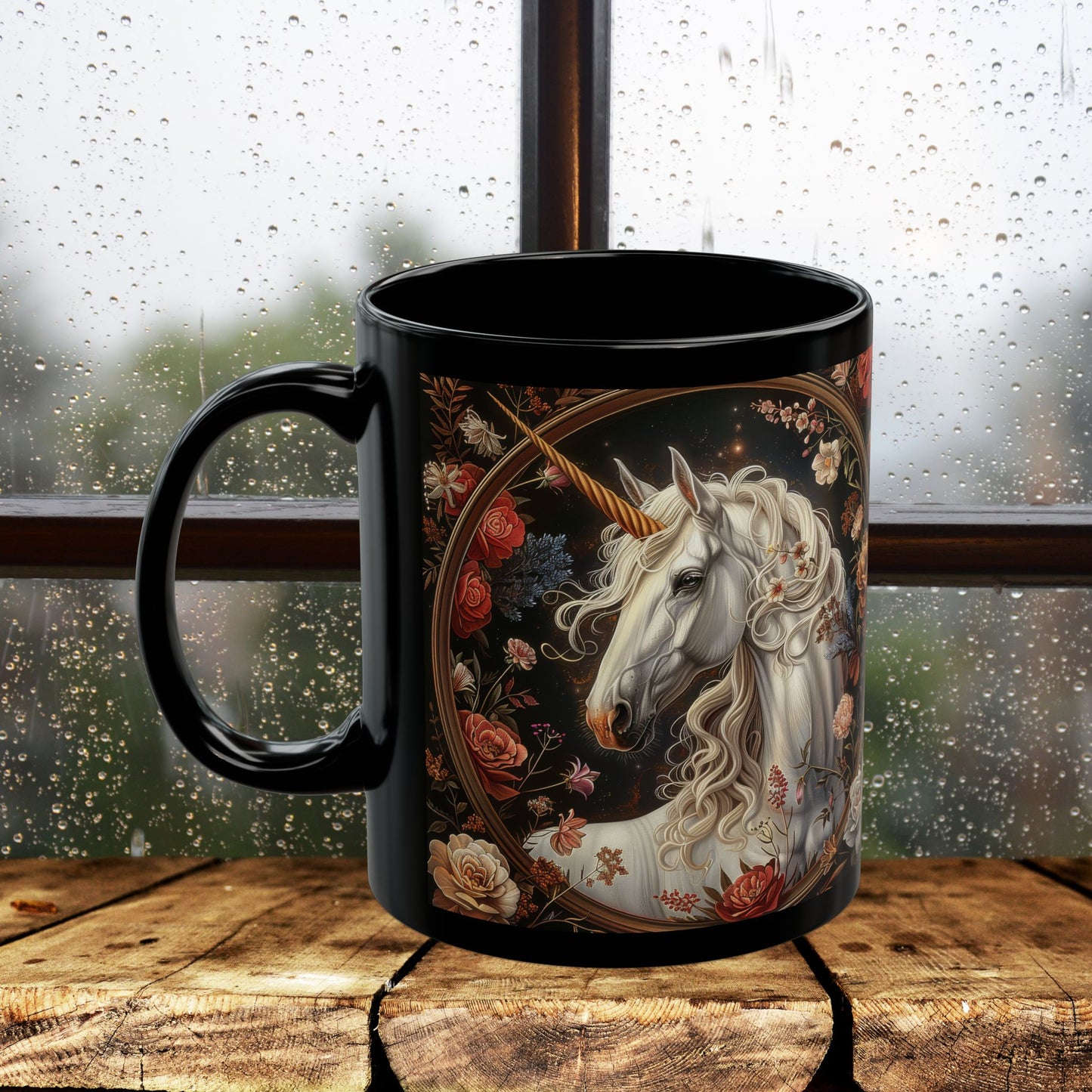 William Morris Inspired Victorian White Unicorn Botanical Black Coffee Mug 11oz, 15oz - Unique Gift for Tea Lovers, Floral Mug, Gift for