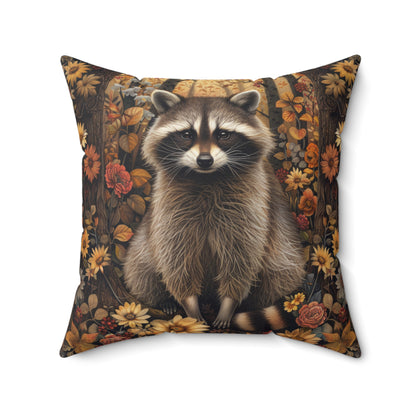 Woodland Raccoon Pillow, Decorative Fall Cushion, William Morris Inspired Home Decor, Square Throw Pillow, Ancient Forest Theme Accent