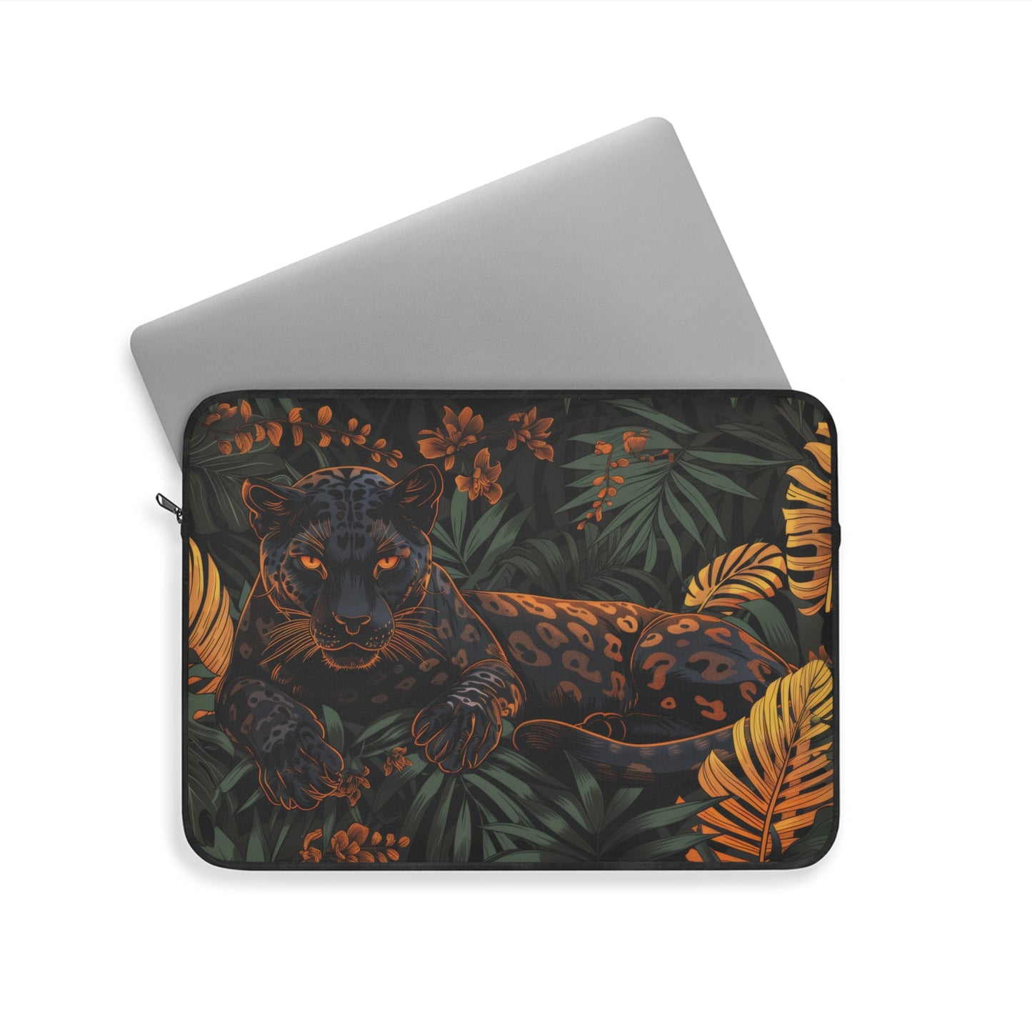 Black Jaguar Laptop Sleeve, Tropical Jungle Art Case, Dark Botanical Panther Design Laptop Cover
