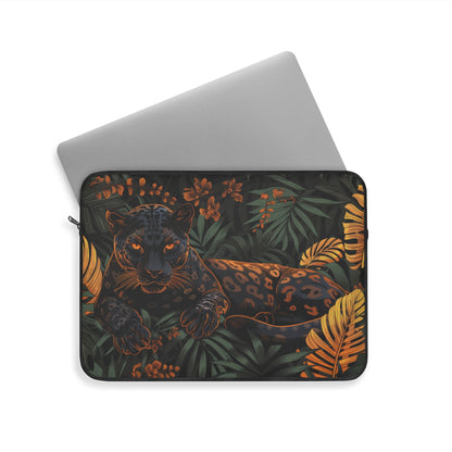 Black Jaguar Laptop Sleeve, Tropical Jungle Art Case, Dark Botanical Panther Design Laptop Cover