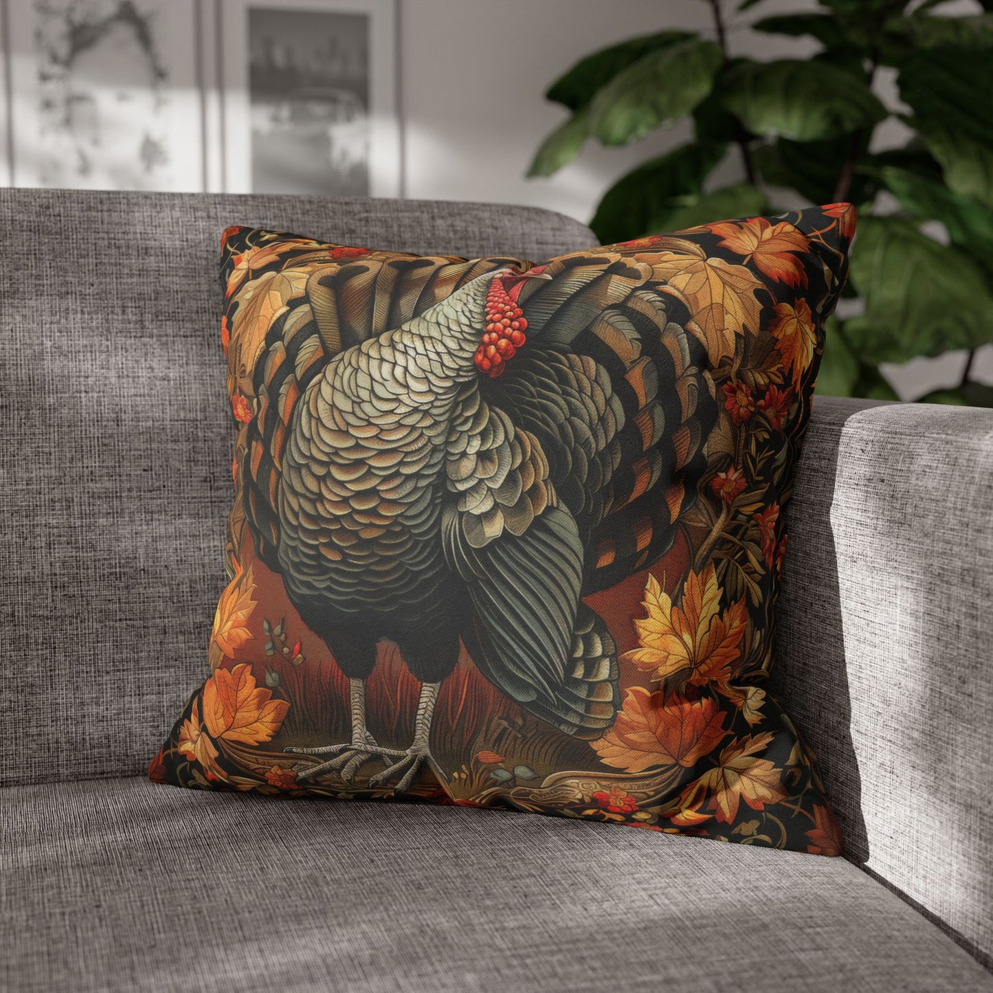 Thanksgiving Turkey Pillowcase, Rustic Harvest Cushion with Autumn Leaves, Farmhouse Fall Home Décor