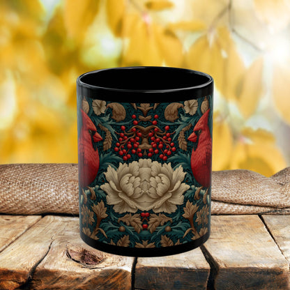 Red Cardinal Coffee Mug William Morris Inspired Floral Black Ceramic Cup (11oz, 15oz)