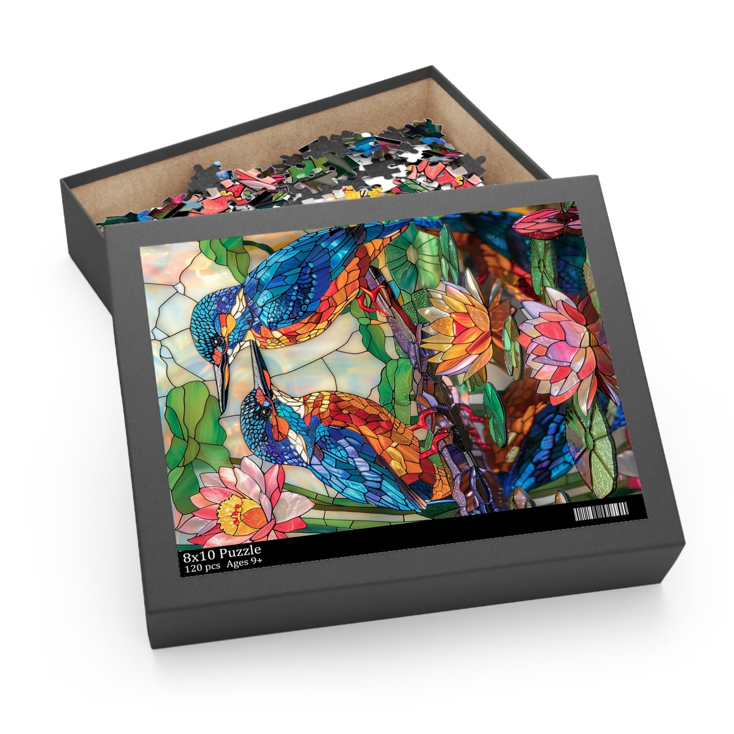 Faux Stained Glass Kingfishers Water Lily Puzzle Box (120, 252, 500-Piece) Family Jigsaw Puzzle, Puzzle Box Gift