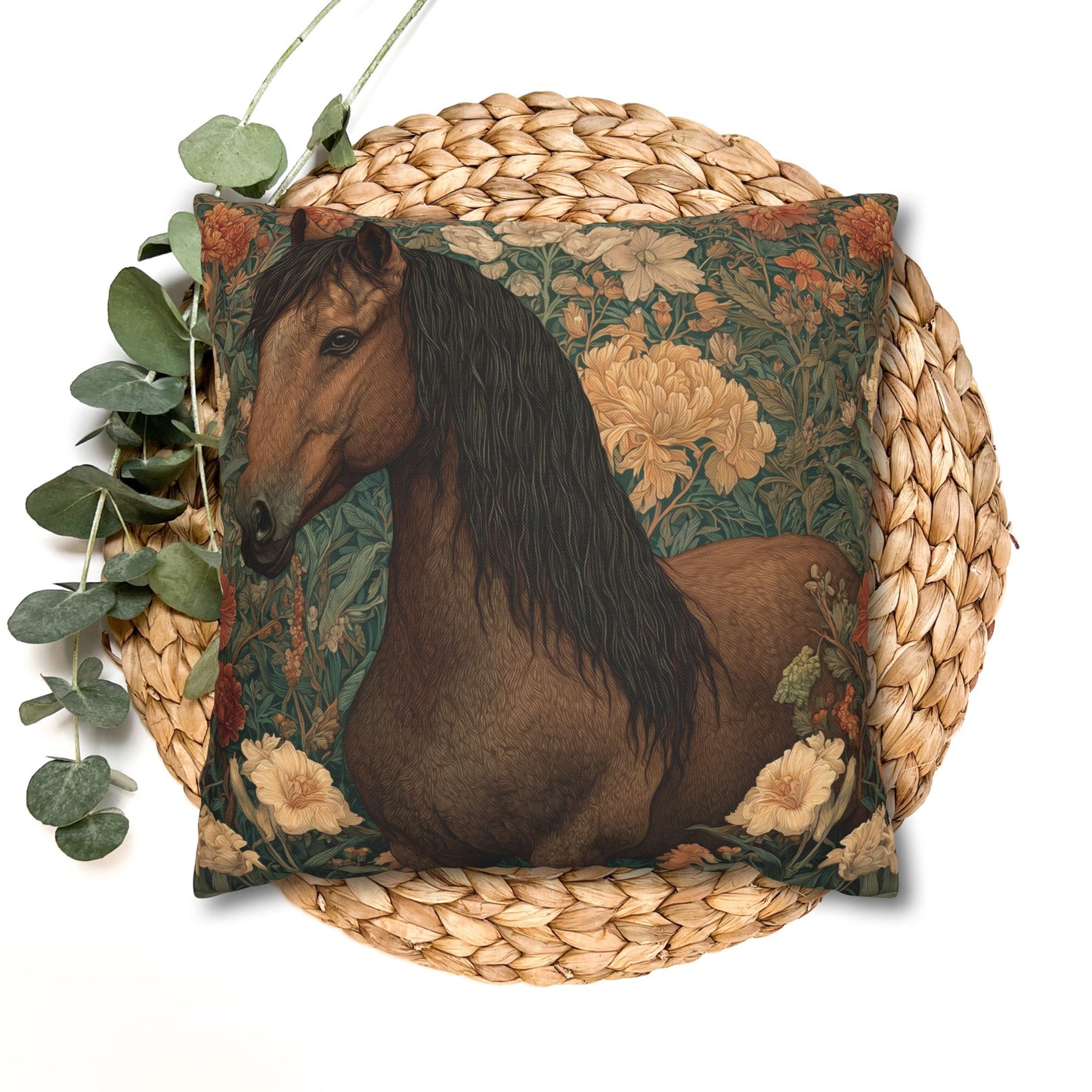 Majestic Horse Floral Pillow, William Morris Style Botanical Equestrian Cushion
