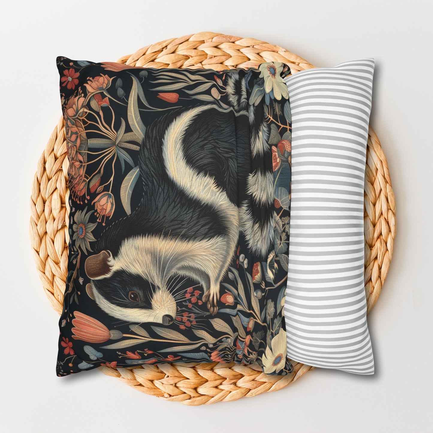 Floral Skunk Art Nouveau Pillowcase: William Morris Inspired Cushion