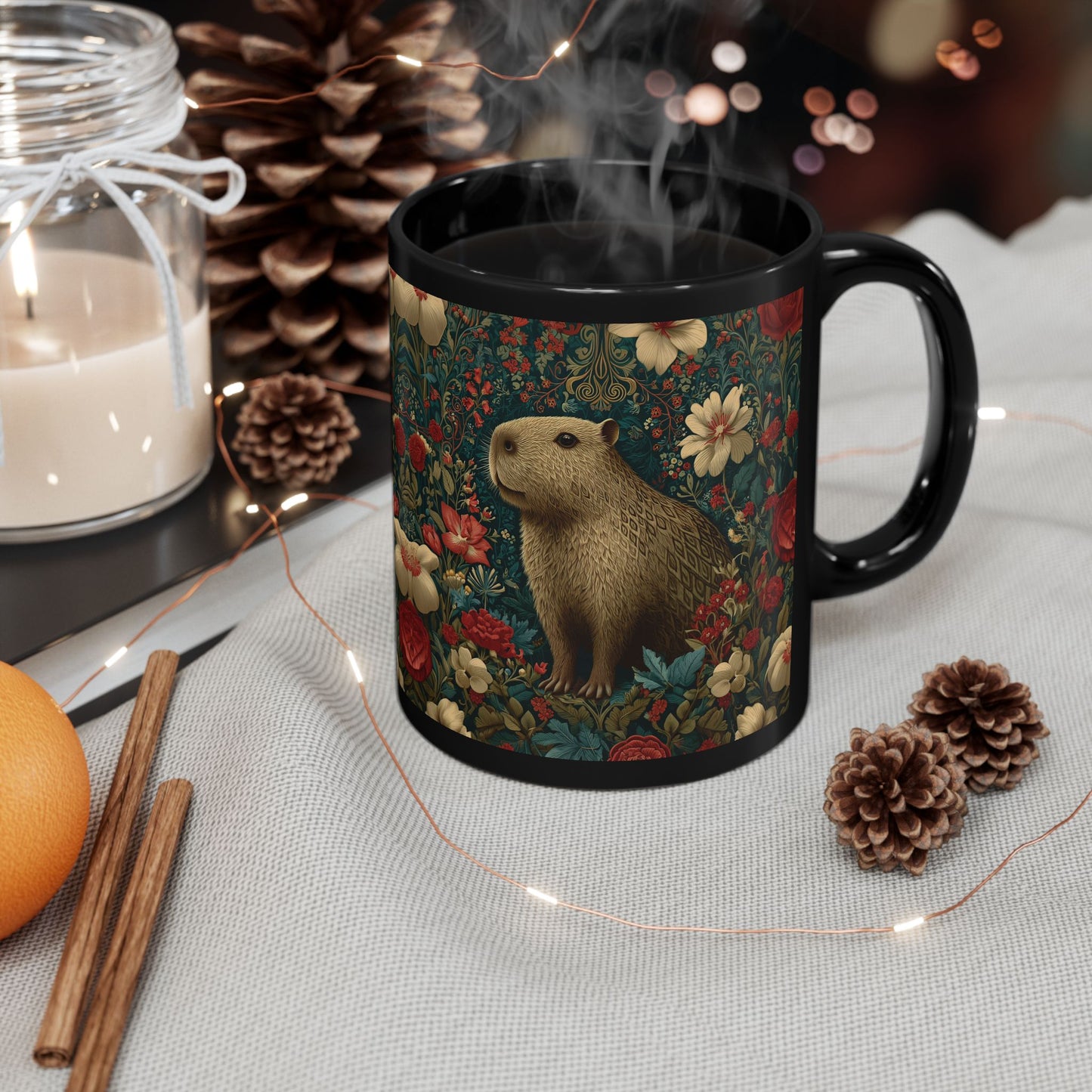 Floral Capybara Mug, Black Ceramic Woodland Coffee Cup 11oz & 15oz, Cute Nature Animal Art Gift with Vintage Botanical Flowers