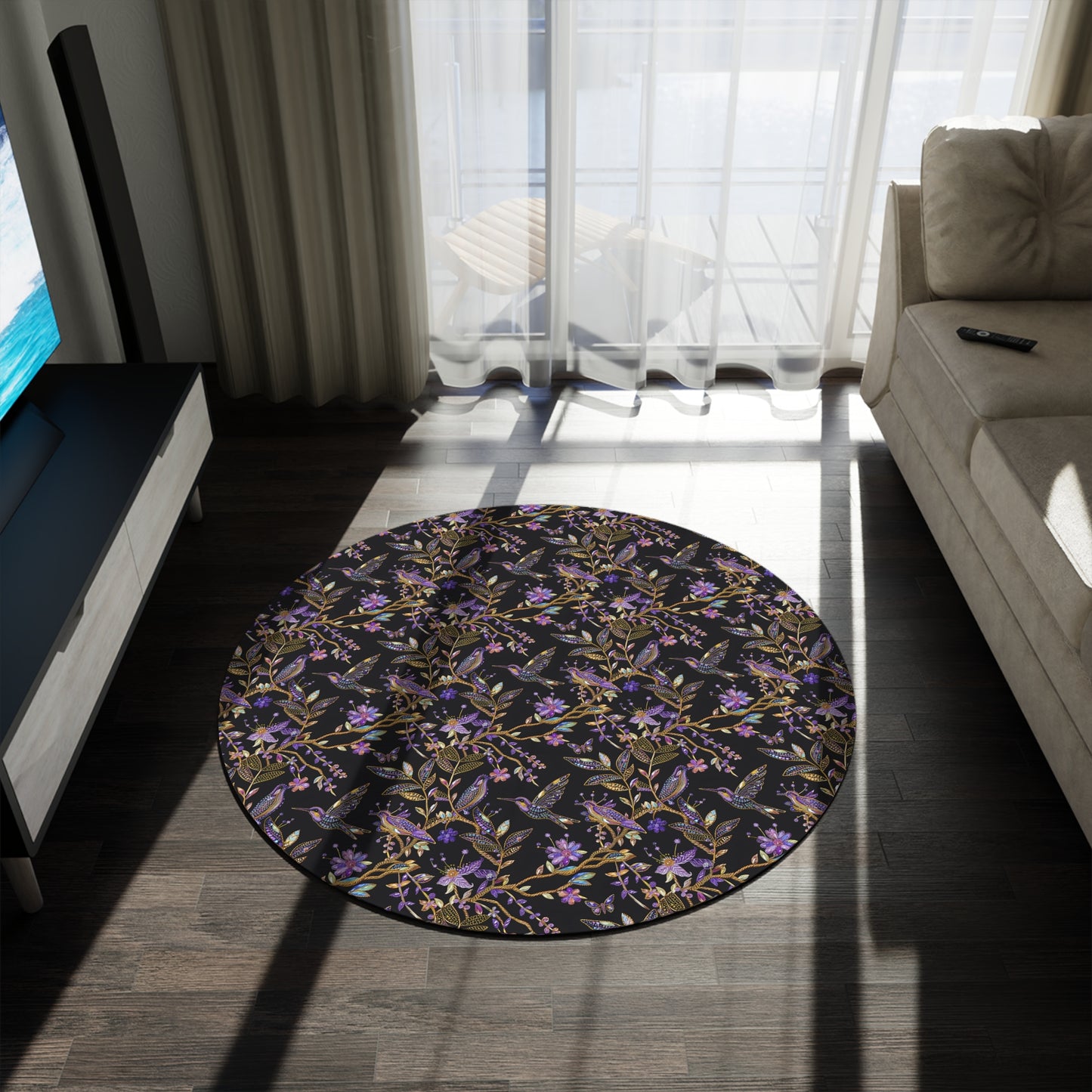 Purple Crystal Hummingbird Embroidery Seamless Pattern Round Area Rug