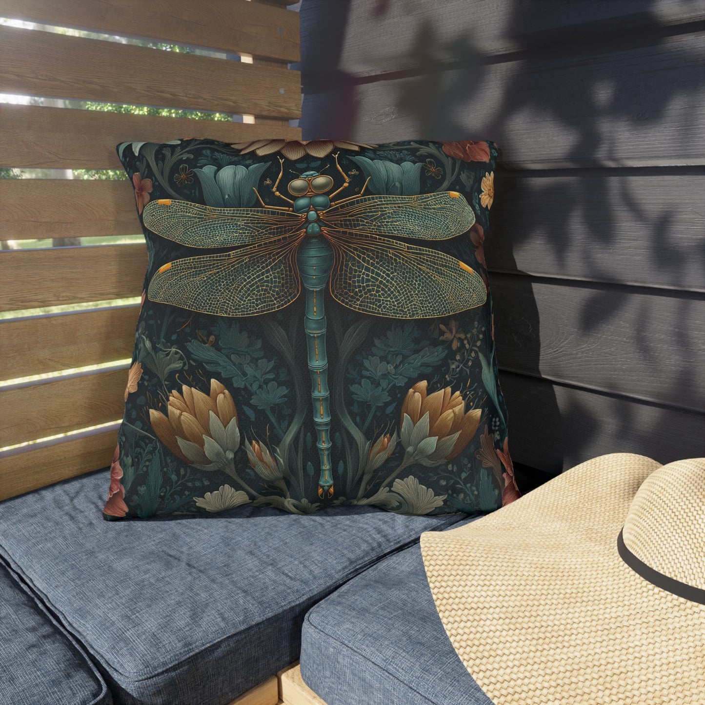 Dragonfly Outdoor Pillow, Botanical Throw Pillow, Insect Nature Cushion, Garden Accent Pillow, Boho Floral Decor, Wildlife Gift, Dragonfly Lover Pillow
