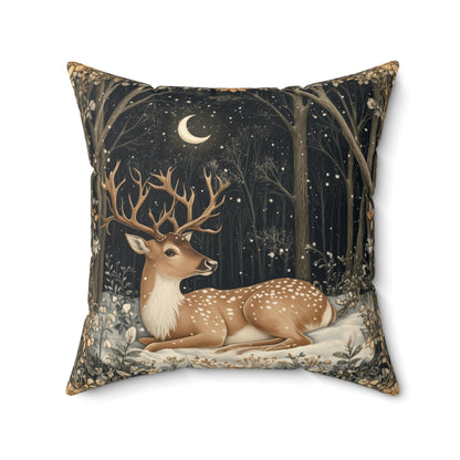 Winter Night Deer Throw Pillow, Crescent Moon Woodland Decorative Pillow