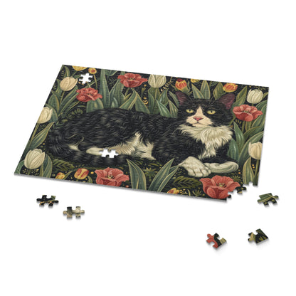 Tuxedo Cat Tulips Field in William Morris Style (120, 252, 500-Piece) Adult Jigsaw Puzzle, Gift Him Her