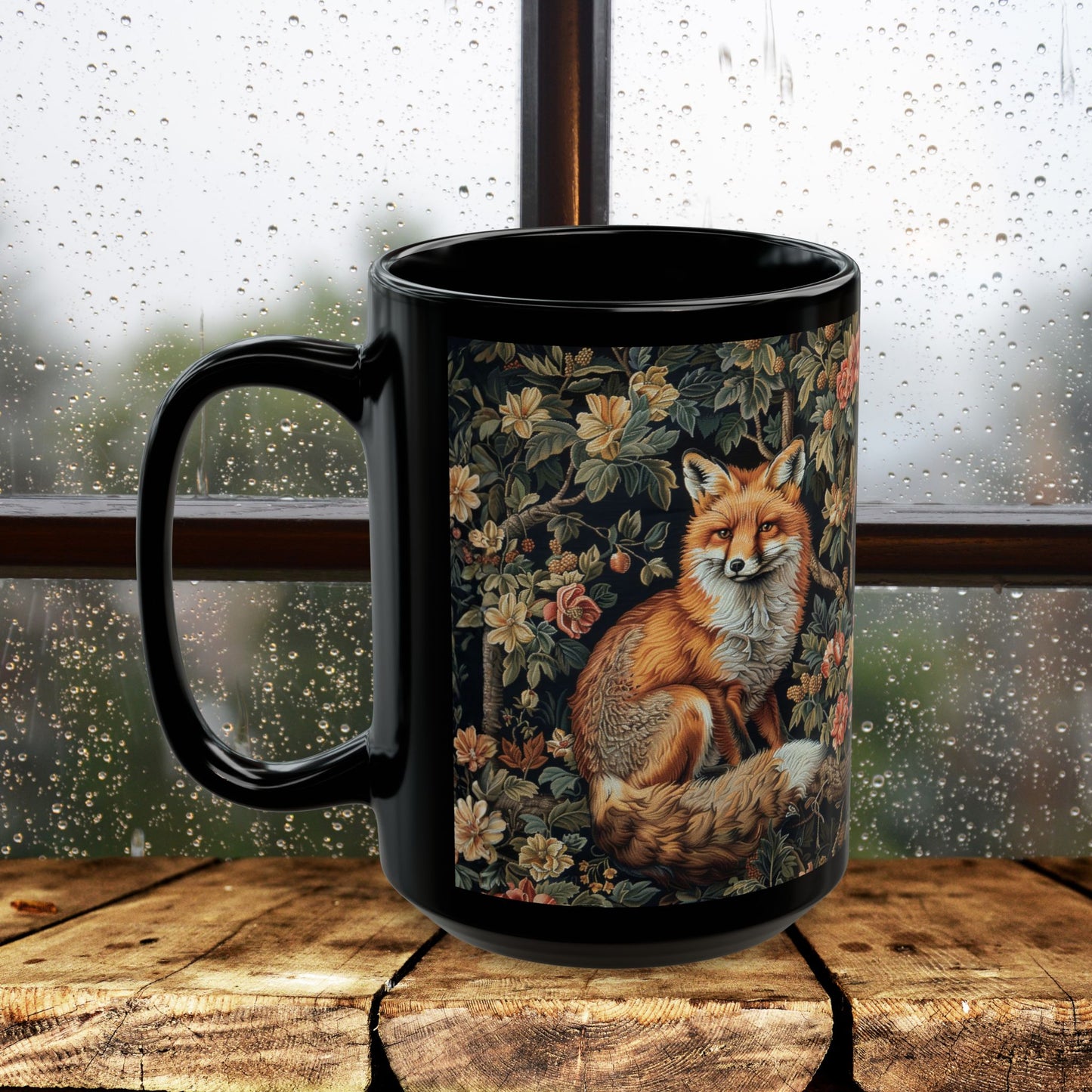 Forest Fox William Morris Inspired | Fox Ancient Black Coffee Mug For Her Him Ceramic Mug Black Mug 11oz, 15oz