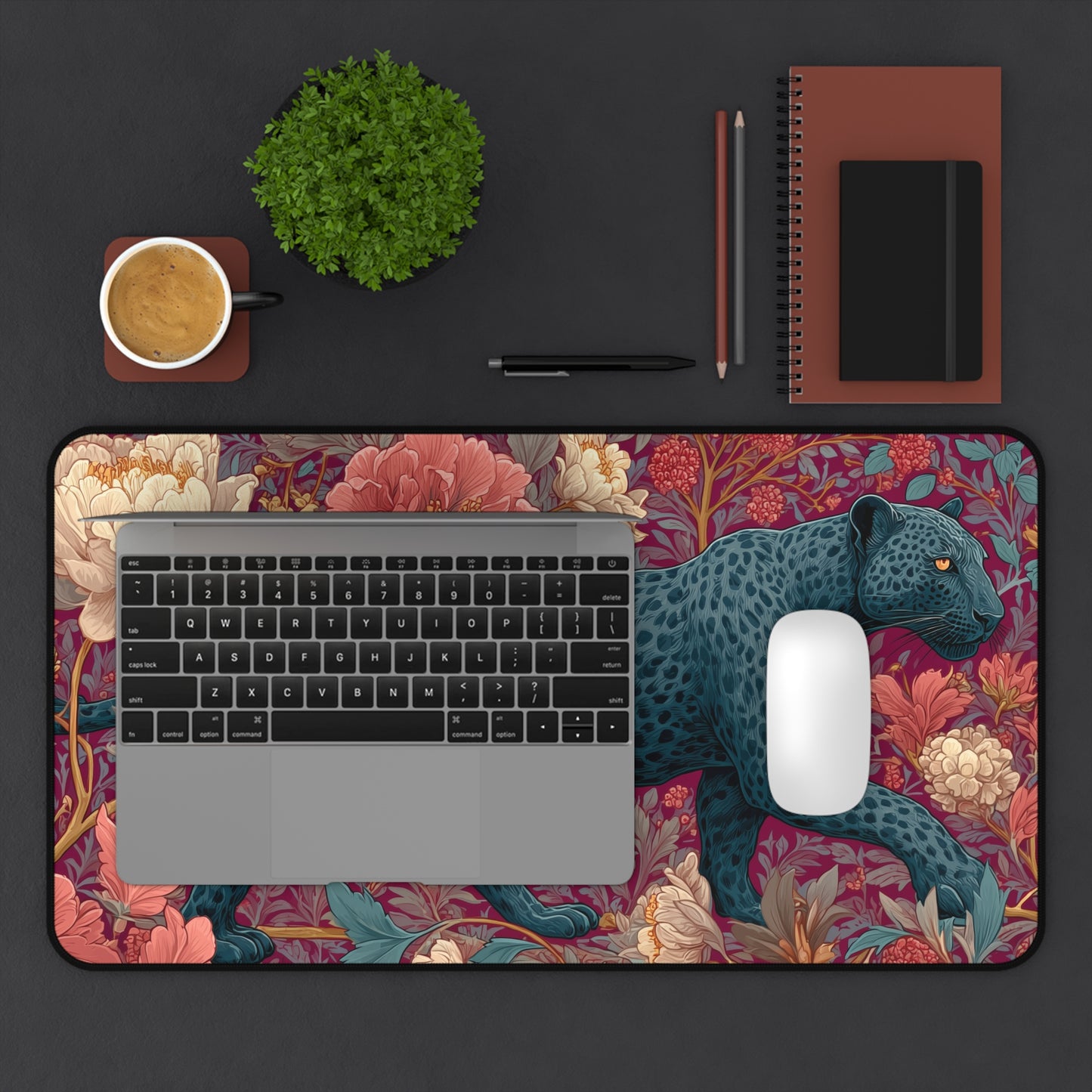 Midnight Panther Peony Desk Mat, William Morris Inspired Floral Mouse Pad, Aesthetic Workspace Decor, Botanical Desk Pad