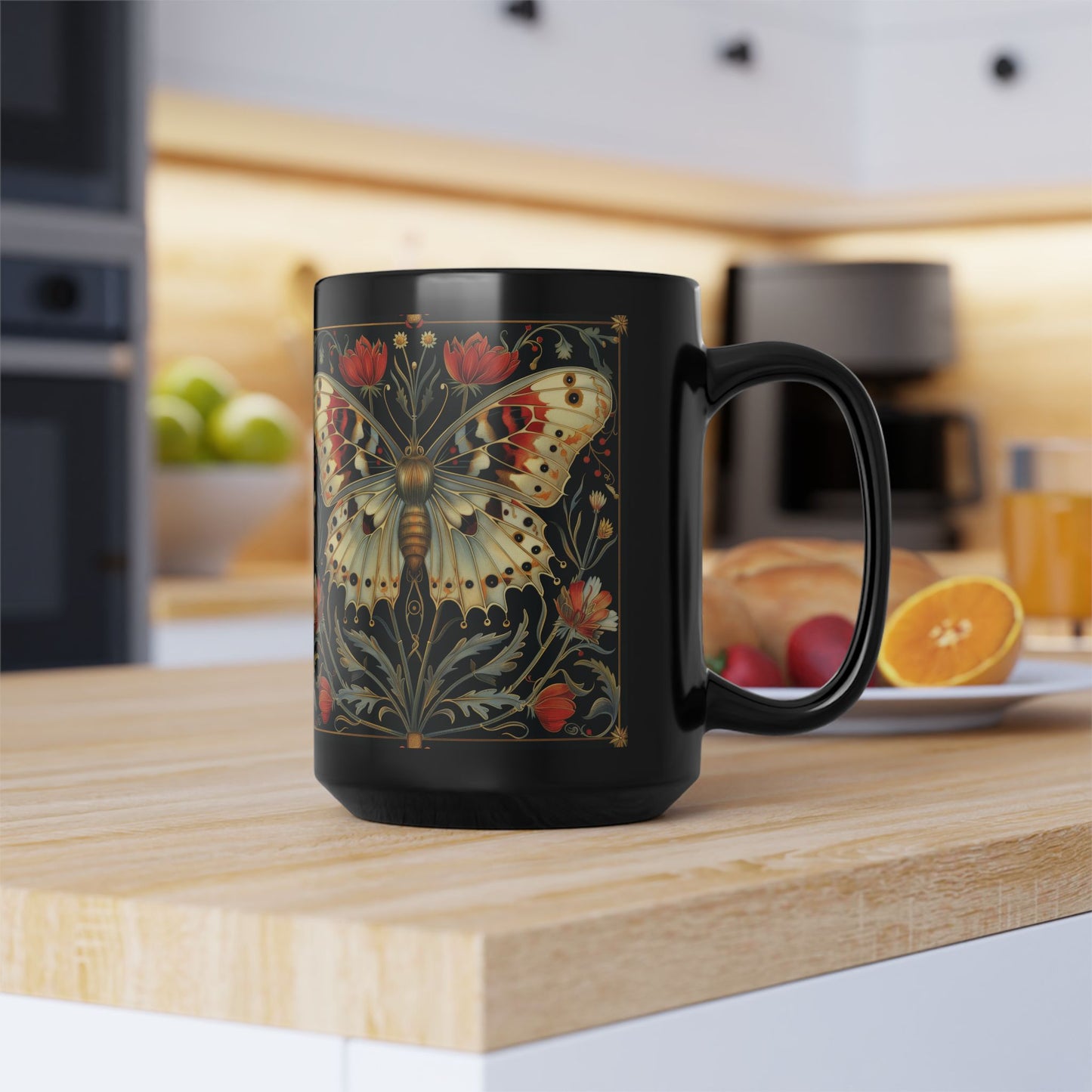 William Morris Inspired Botanical Night Butterfly Black Mug 11oz, 15 oz