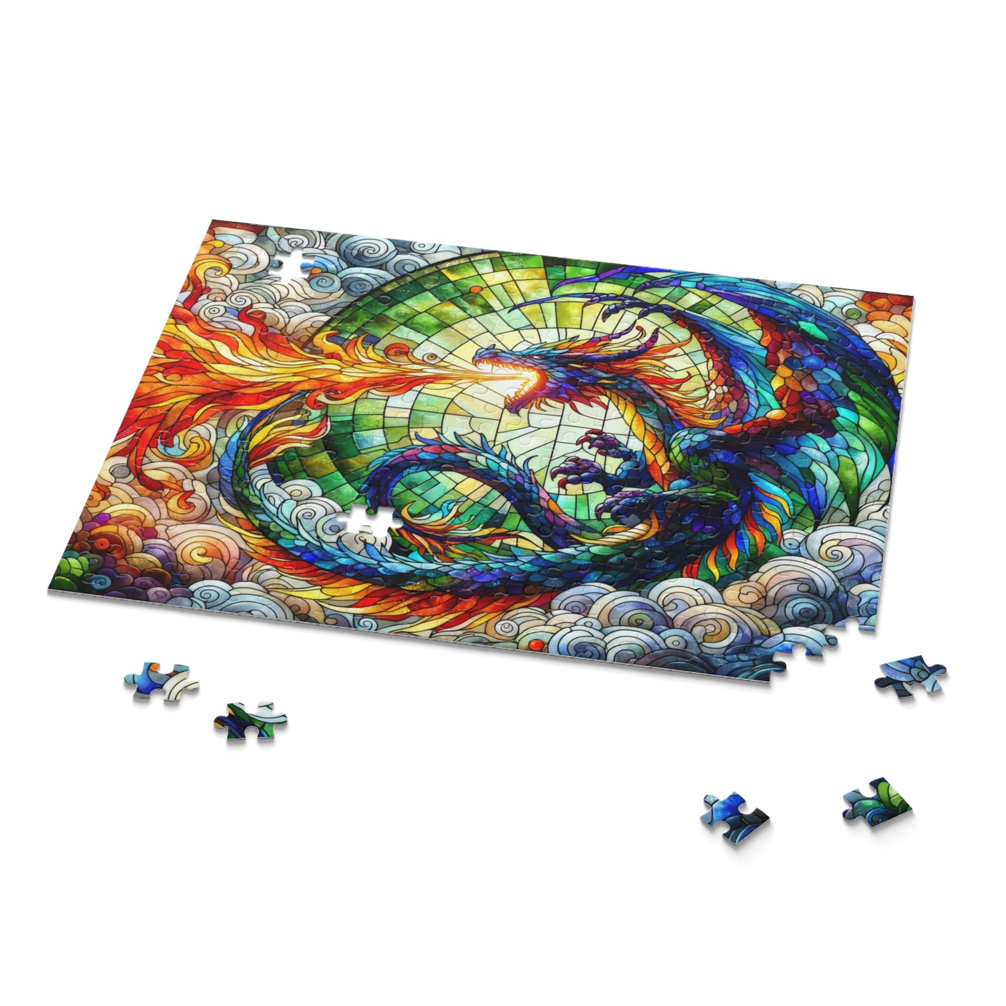 Colorful Dragon Stained Glass Jigsaw Puzzle Box (120, 252, 500-Piece) Adult Jigsaw Puzzle, Gift Him Her