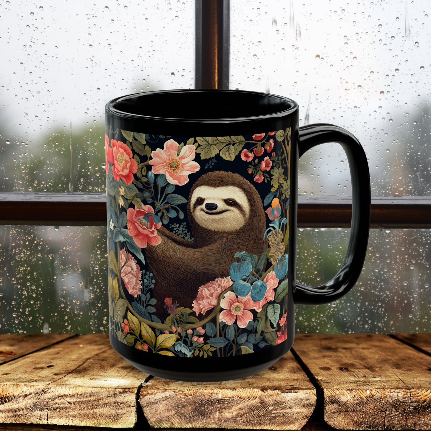 Floral Sloth Black Mug - Cute Coffee/Tea Cup (11oz & 15oz)